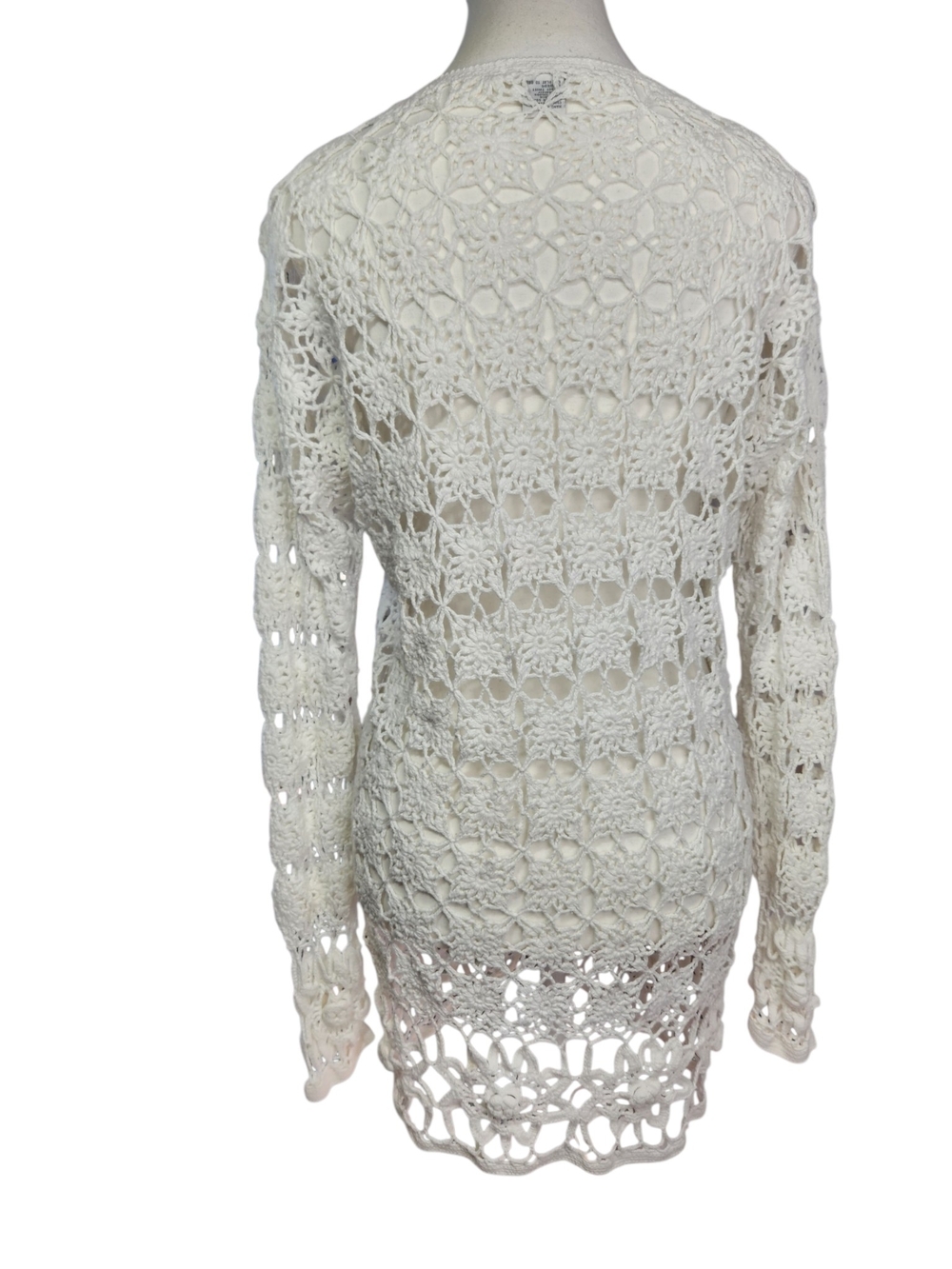 Crochet Cardigan White Sweater Med Boho Open Knit Button Front Cover Up Festival - Picture 5 of 15